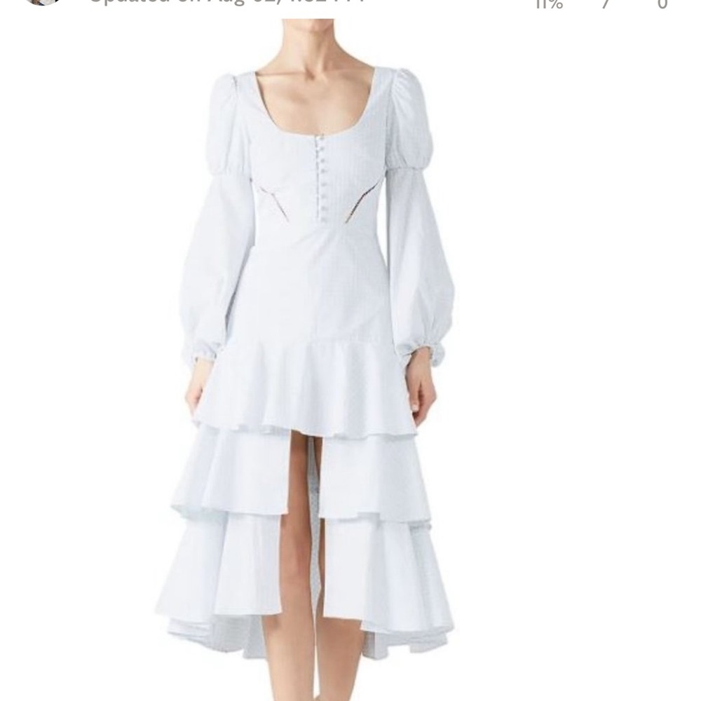 Jonathan Simkhai gingham poplin white plaid high low ruffle dress puff sleeves